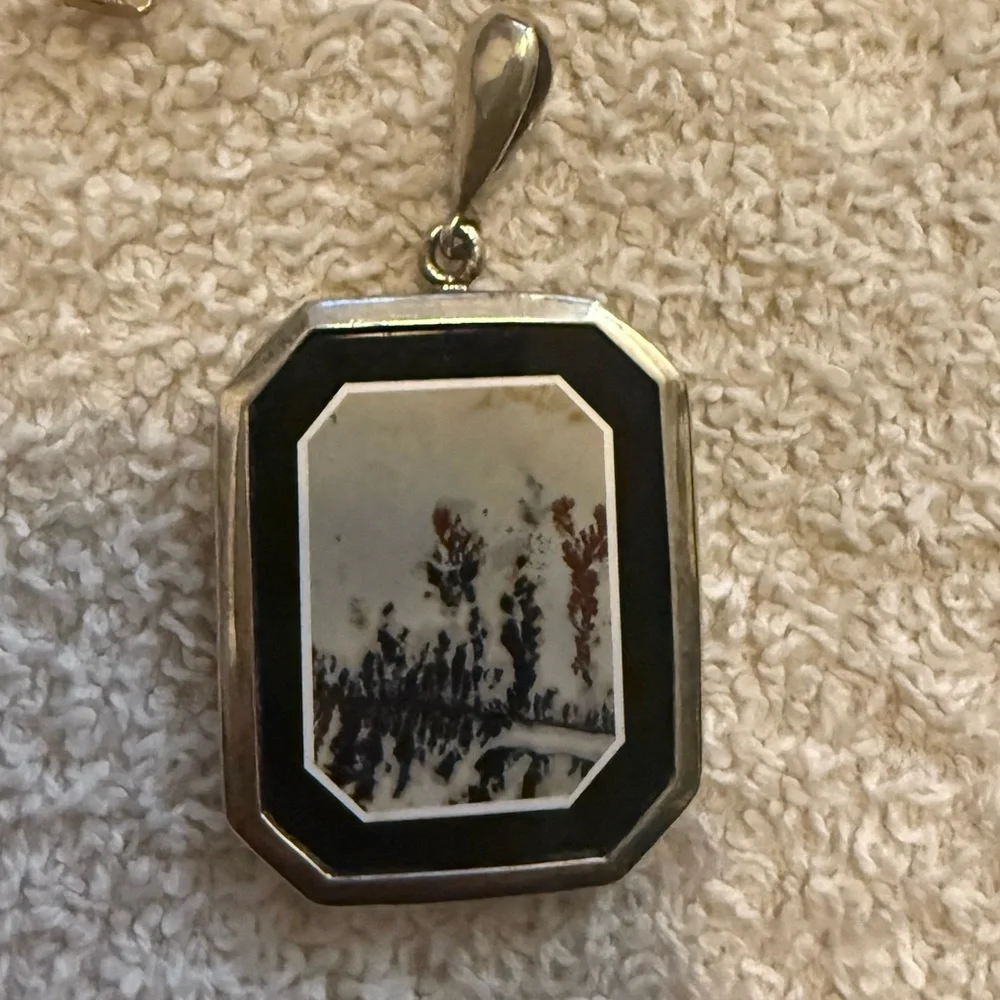 Vintage OOAK Modernist Dendritic Agate Onyx Sterling Silver Pendant